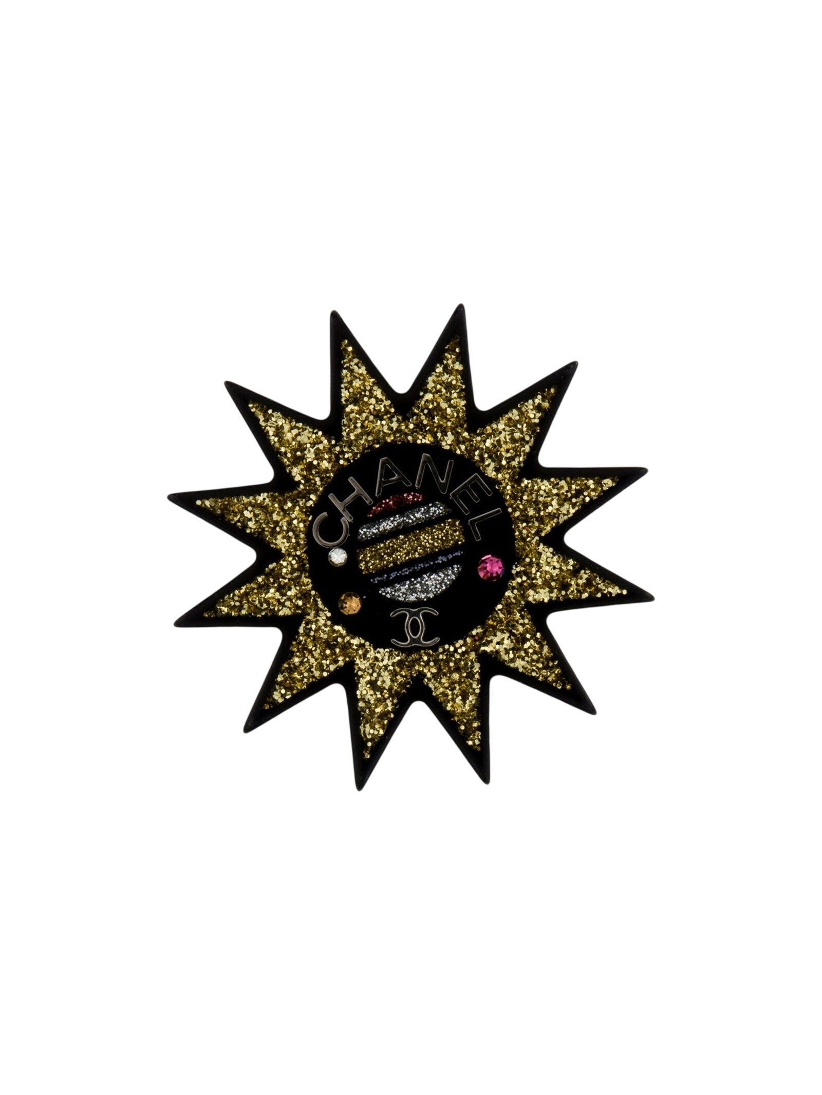 Chanel Gold-Tone Glitter Resin Strass Interlocking Cc Pin Brooch